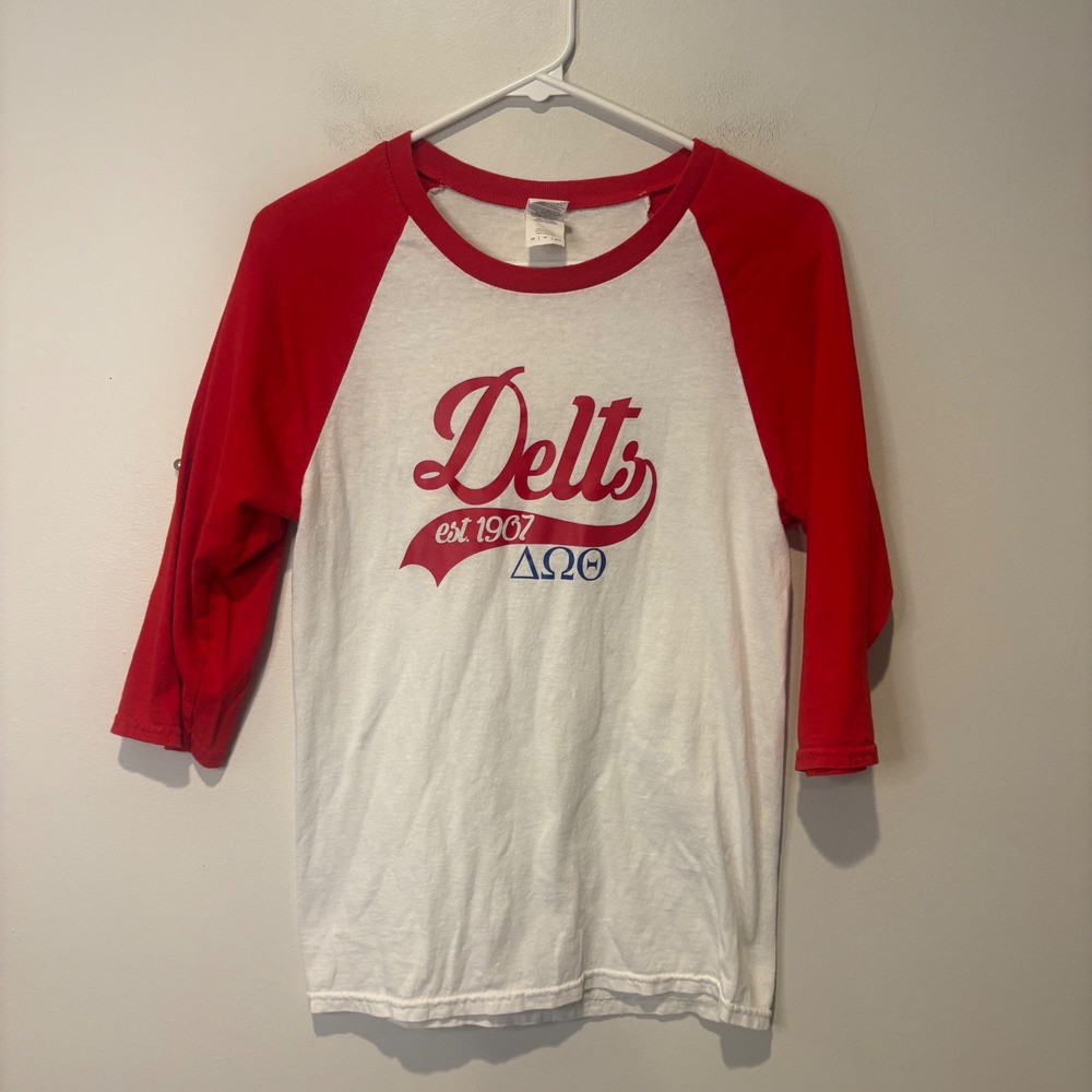 Vintage Raglan Baseball Tee Womens XS White Red Delts Soroity Collegiate Retro